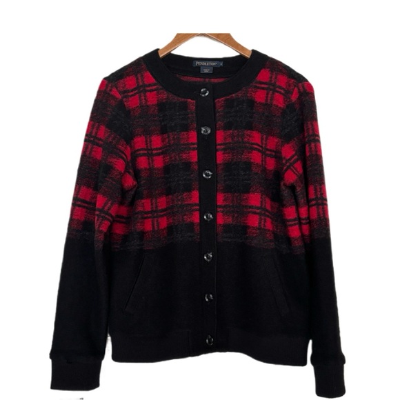 Pendleton Sweaters - Pendleton Red and Black Plaid Wool Cardigan